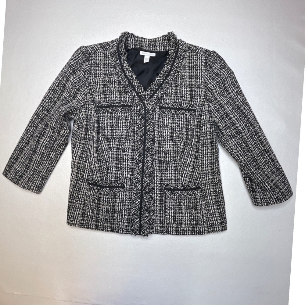 Charter Club Women Blazer Tweed Fringed Trim Jacket Size L Black White
